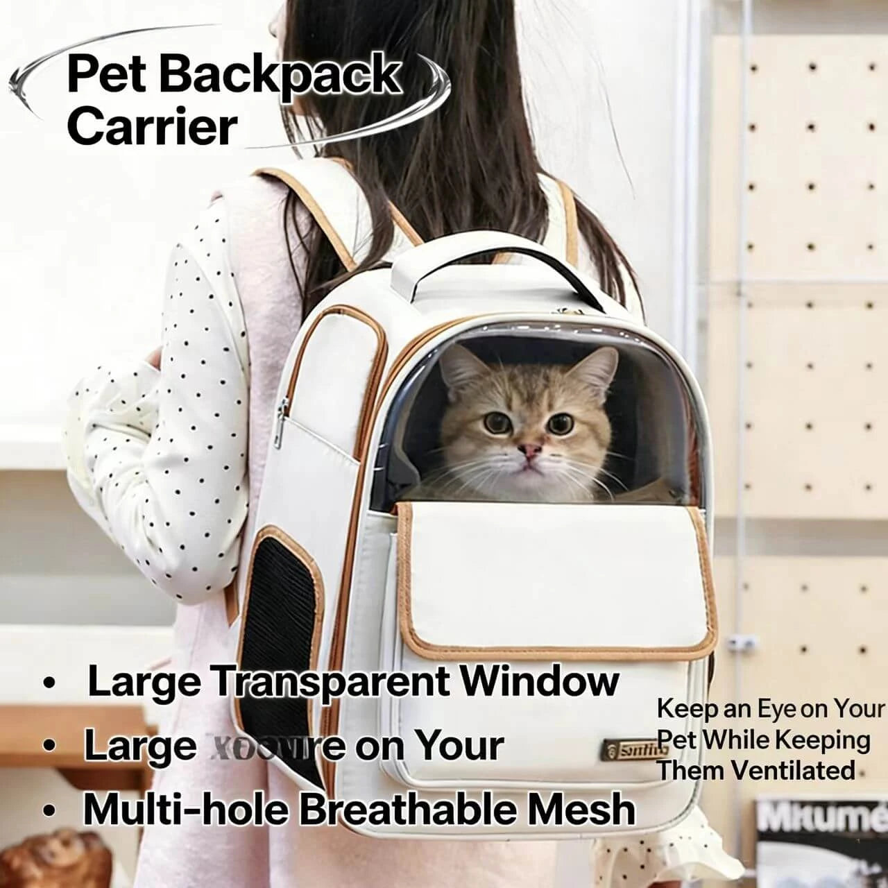 Roomy Cat Backpack Carrier - Stretch-Fit, Lightweight, Brown Trim