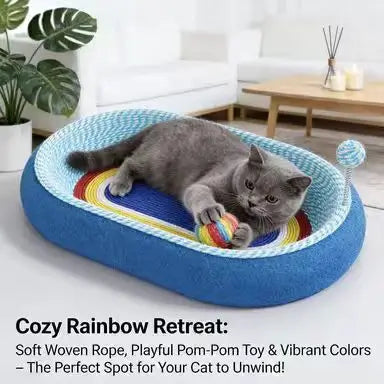 Rainbow Cat Scratcher Bed: Scratch-Resistant, Resting Space, Blue Multi-Color Design