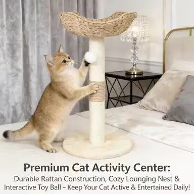 Woven Cat Scratcher Tree: Sisal Post, Rest Basket, Stable Base (Natural Beige)