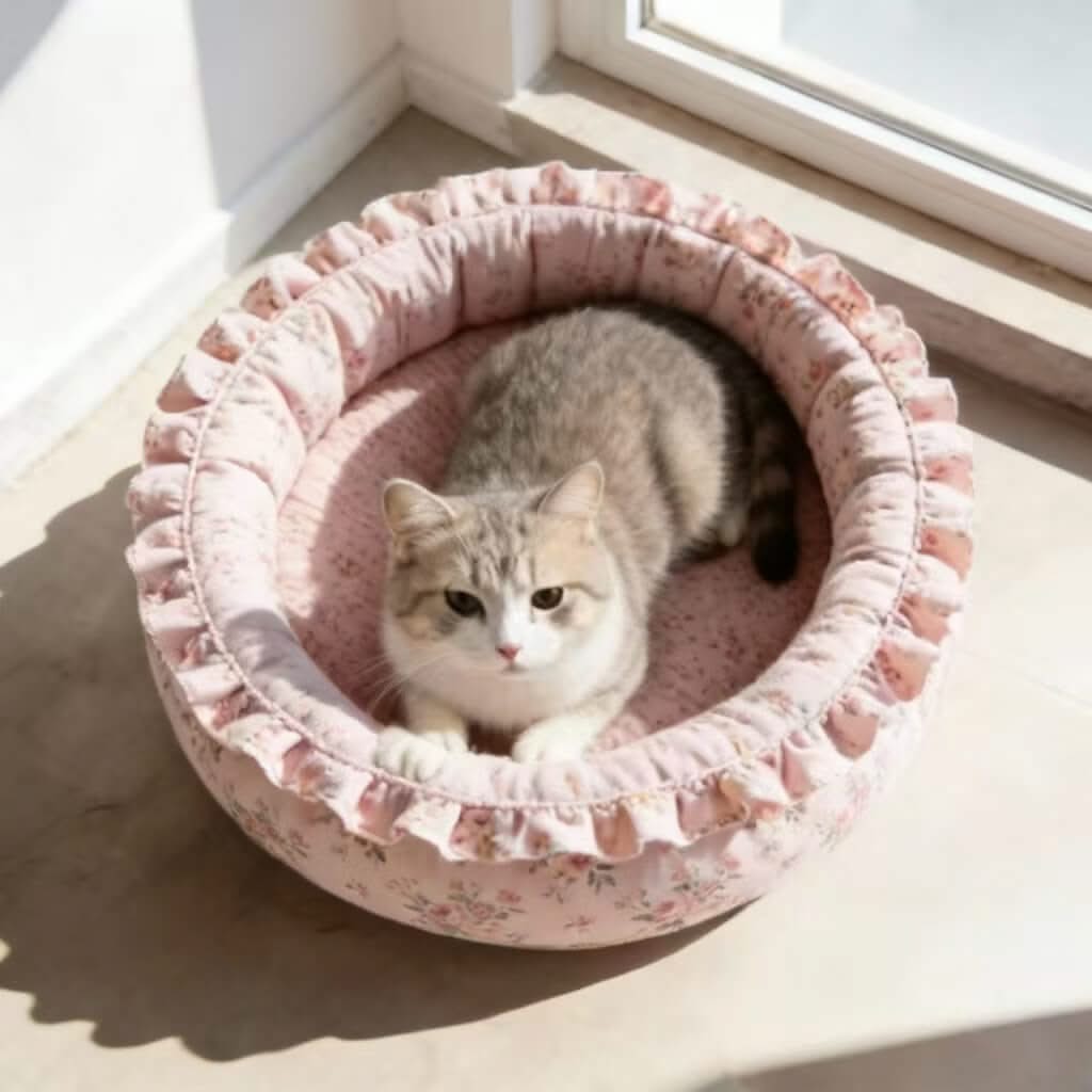 Floral Ruffled Pet Bed for Cats - Pink, Frilled Design, Soft Fabric, Cozy Cushion, All-Season