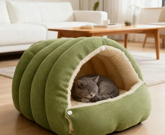 Corduroy Cave Cat Bed: Cozy Hideaway, Plush Lining (Green)
