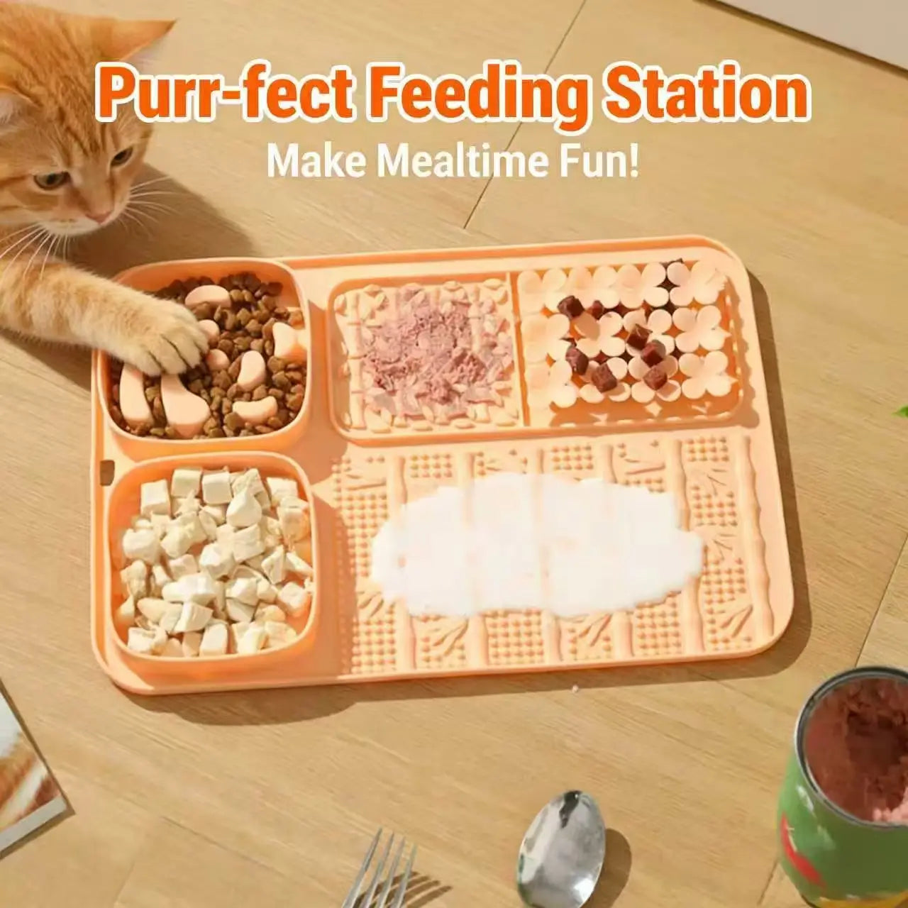 Portion-Control Cat Feeding Mat: Slow-Feeding Design, Silicone Material (Orange-Pink)