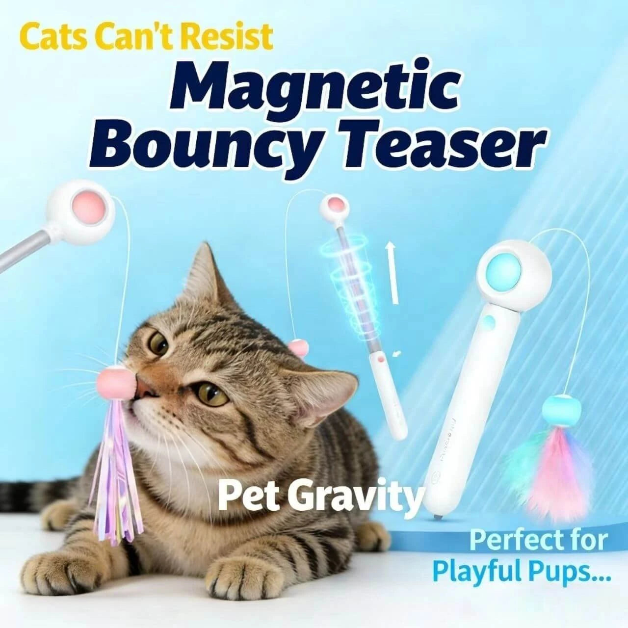 Auto-Bounce Interactive Cat Teaser Wand - Retractable, LED Light, White