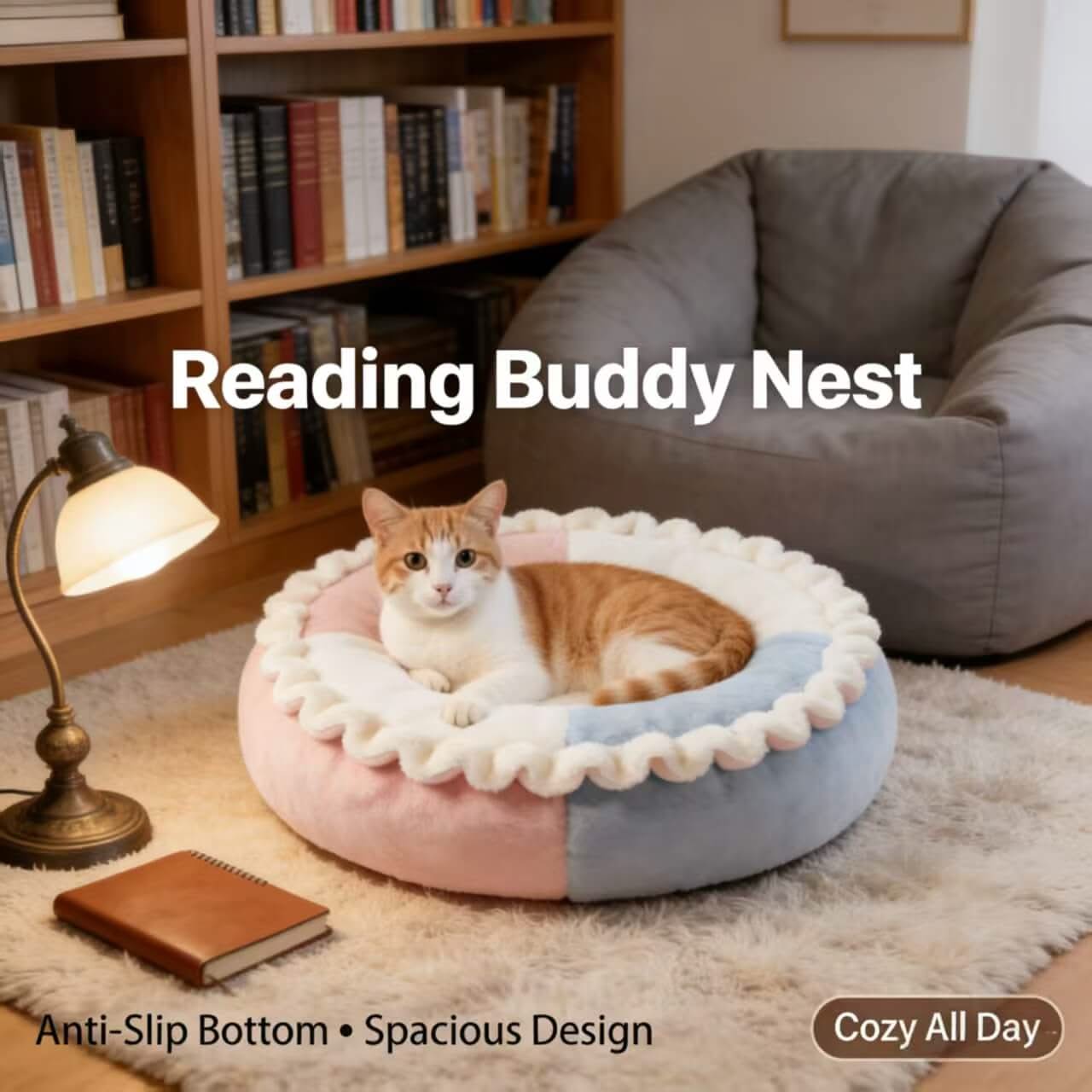 Pastel Ruffled Pet Bed for Cats- Color-Blocked, Plush, Soft Cushion, Pink-Blue-White, All-Season