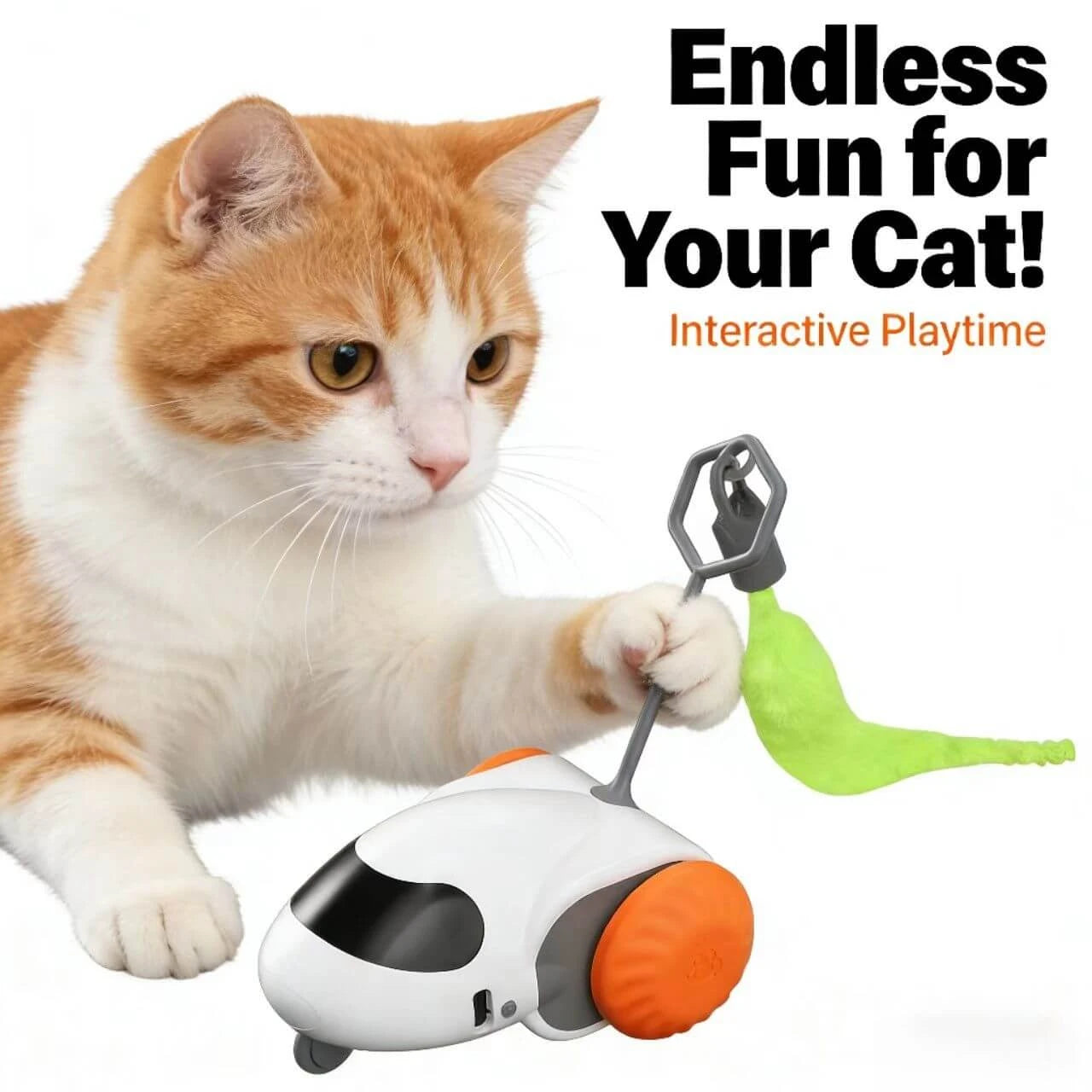 Robot Cat Teaser Toy - Auto-Rotating Feather, Interactive Play, White & Orange