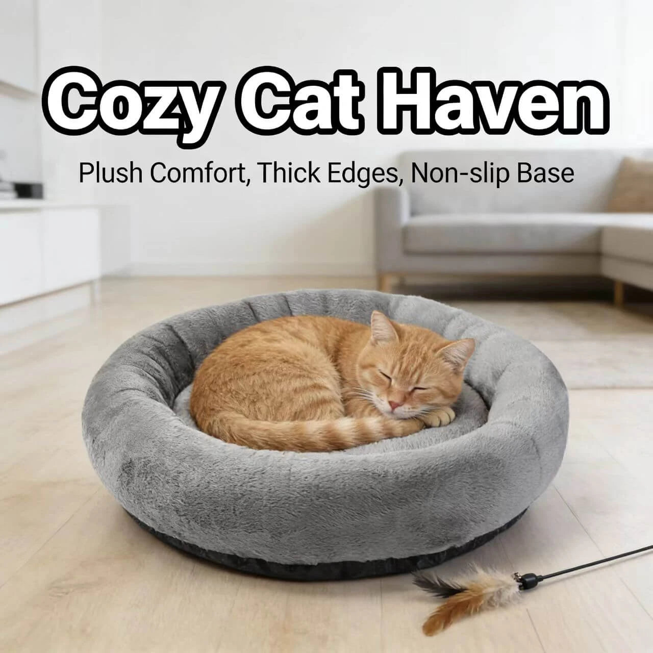 Soft Calming Pet Bed for Cats - Donut Design, Plush Material, Grey Round Nest