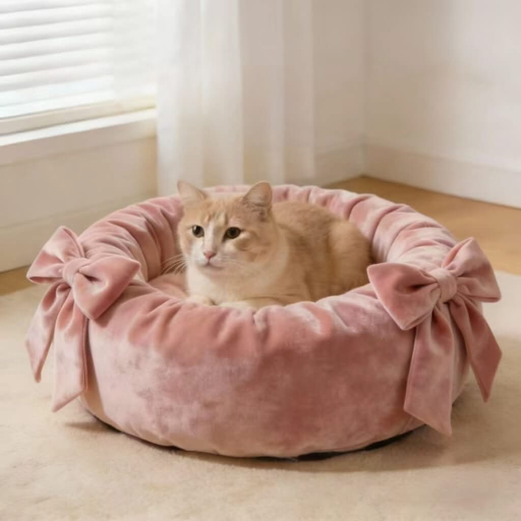 Velvet Pet Bed for Cats - Pink, Round, Bow Decor, Soft Plush