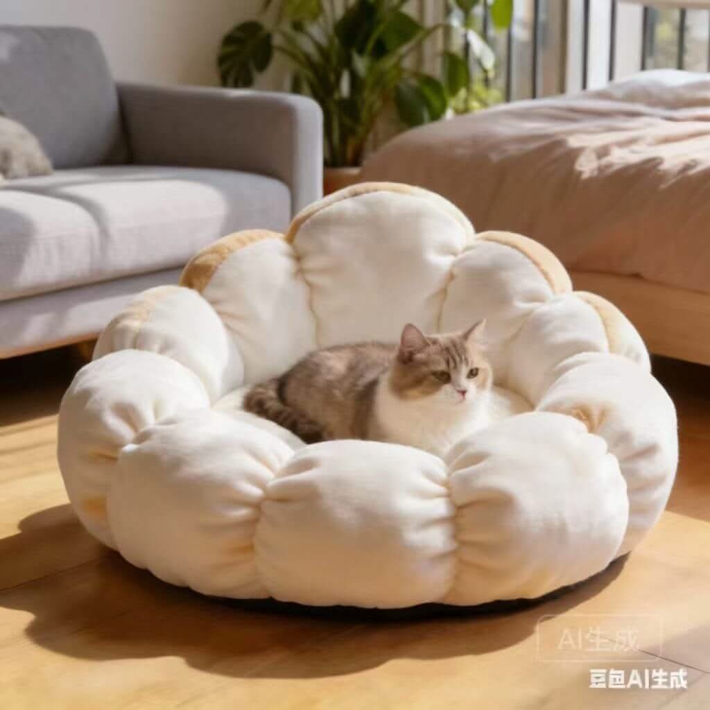 Plush Comfort Pet Bed for Cats- Flower-Shaped, Soft Fleece, Cozy Cushion (Beige-White, All-Season)