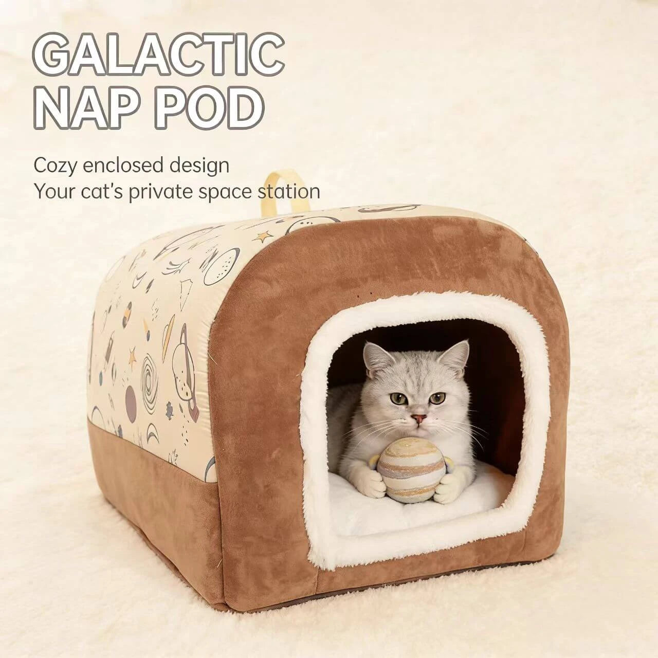 Cozy Enclosed Cat Cave - Foldable, Carry Handle, Warm Plush, Spring Use