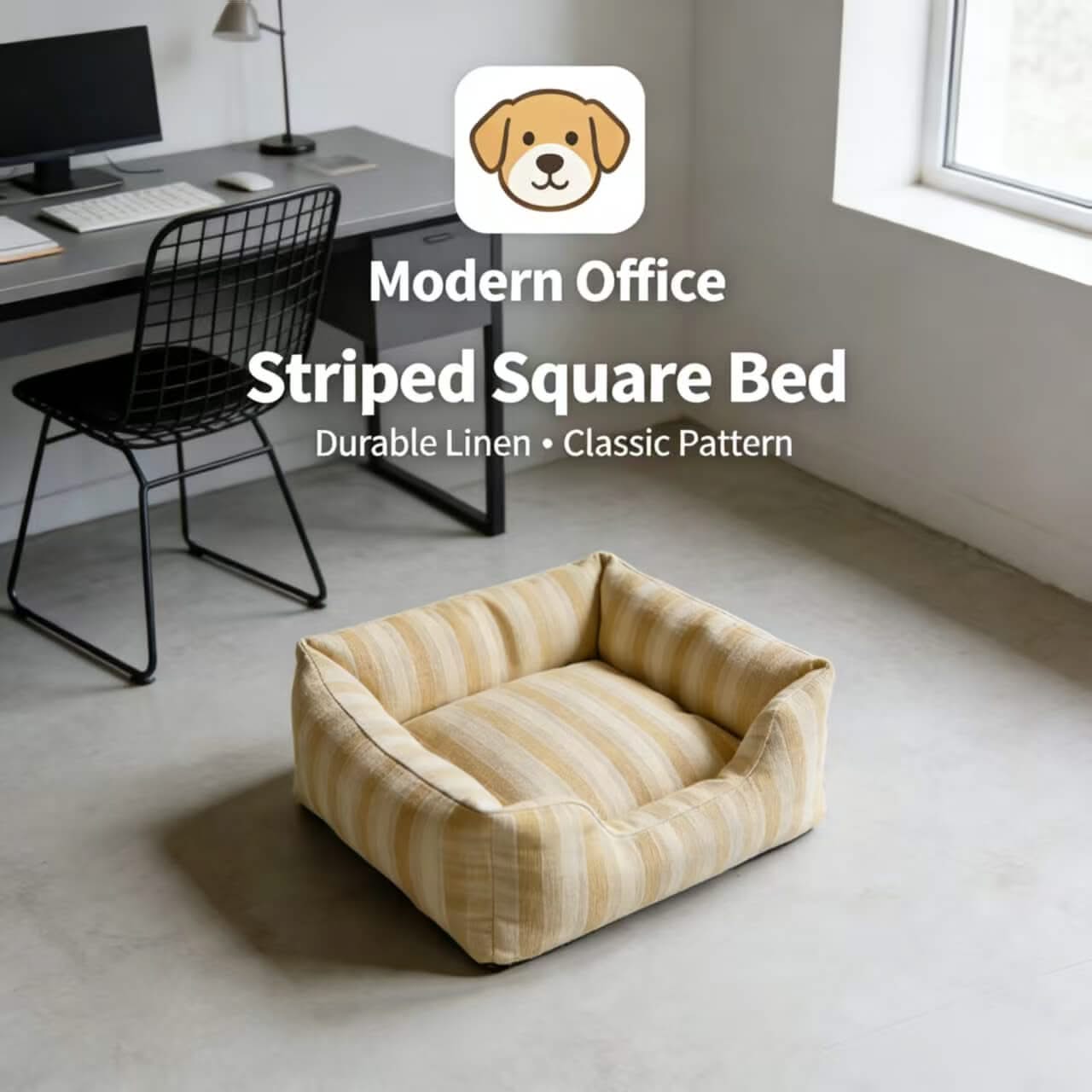 Durable Office Pet Bed for Dogs - Yellow Striped, Square, Linen Fabric