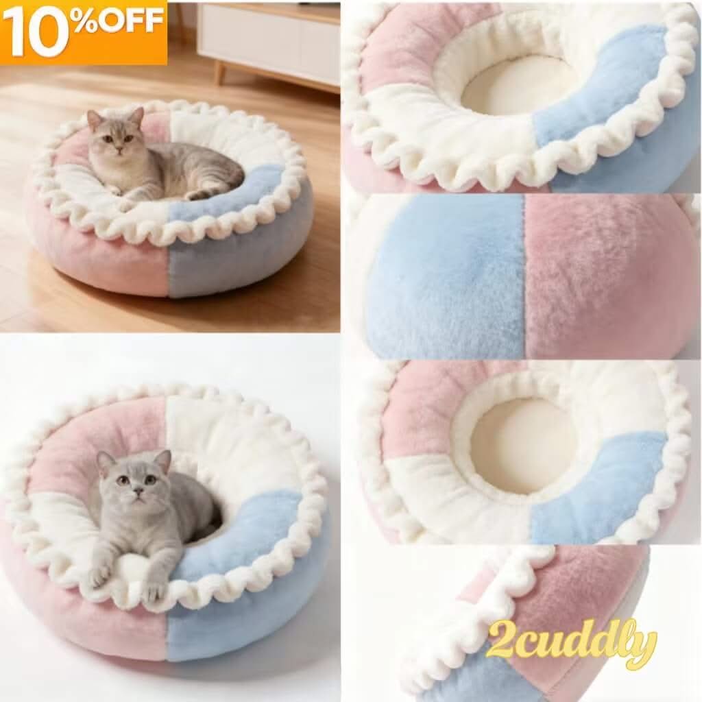 Pastel Ruffled Pet Bed for Cats- Color-Blocked, Plush, Soft Cushion, Pink-Blue-White, All-Season