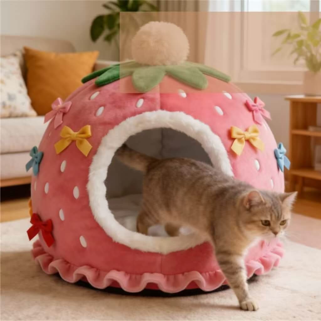 Adorable Strawberry Pet Cave Bed for Cats - Bow Decor, Ruffled, Plush, Pink, Cozy Hiding Spot, All-Season