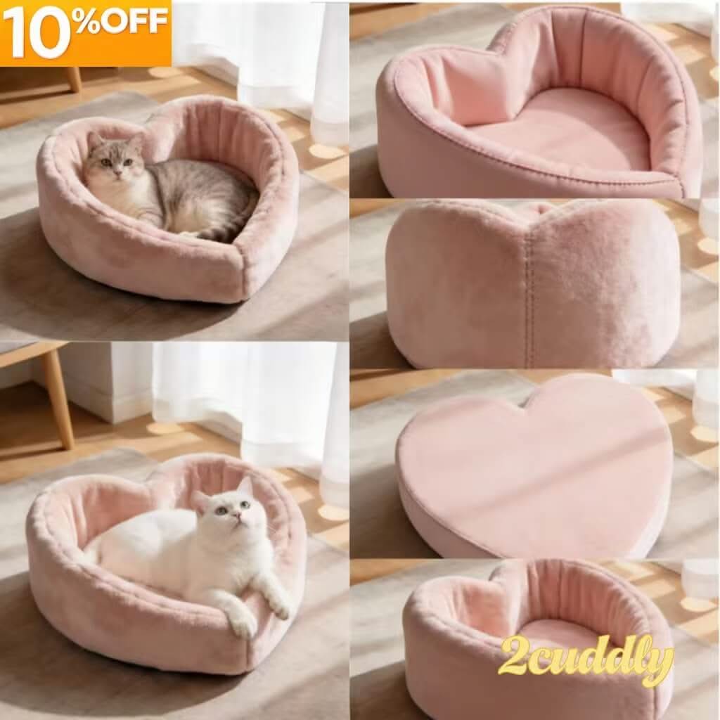 Cozy Pet Bed for Cats - Pink, Heart Shape, Plush Faux Fur Fabric