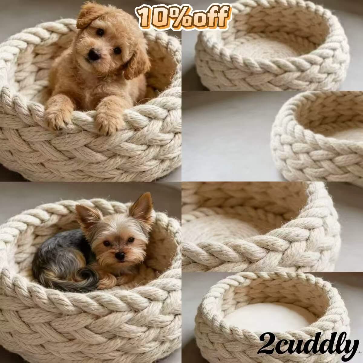 Scandinavian-Style Pet Bed for Dogs - Beige Woven Rope, Handcrafted, Natural Material