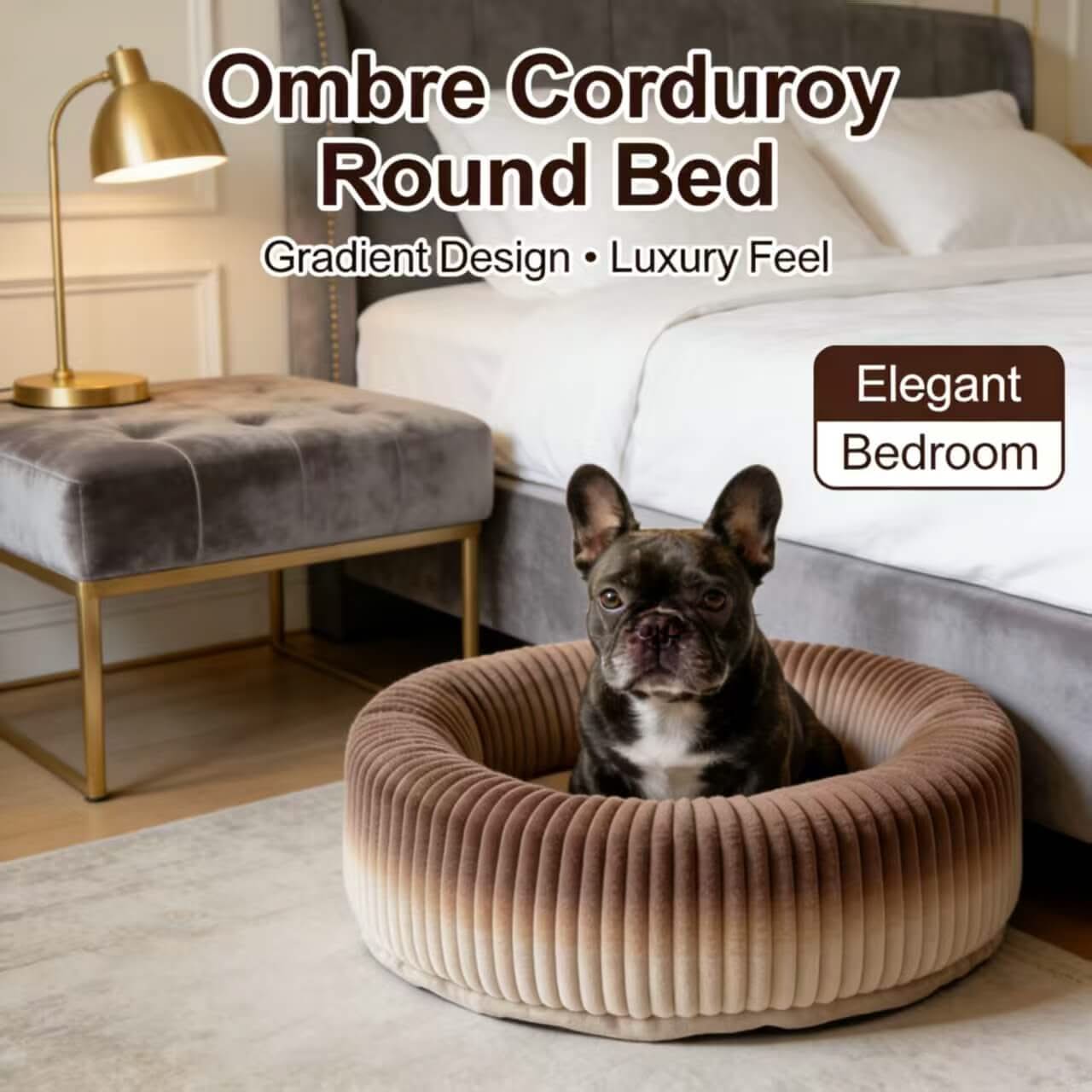 Elegant-Bedroom Pet Bed for Dogs - Round, Ombre Corduroy, Gradient Design, Luxury Feel
