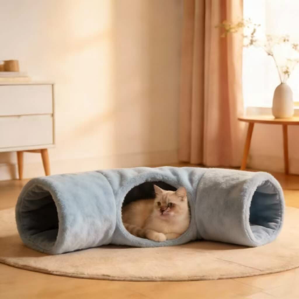 Soft Blue Pet Tunnel Bed for Cats - Plush, Multi-Entry, Cozy Play & Hide Spot, All-Season