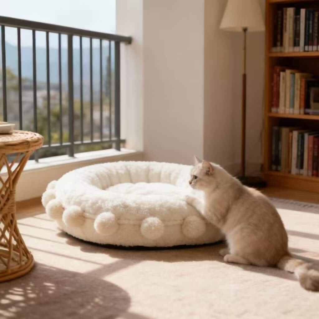 Pom-Pom Pet Bed for Cats - Cloud-Soft, Faux Fur, White, Anti-Slip, Cozy Cushion
