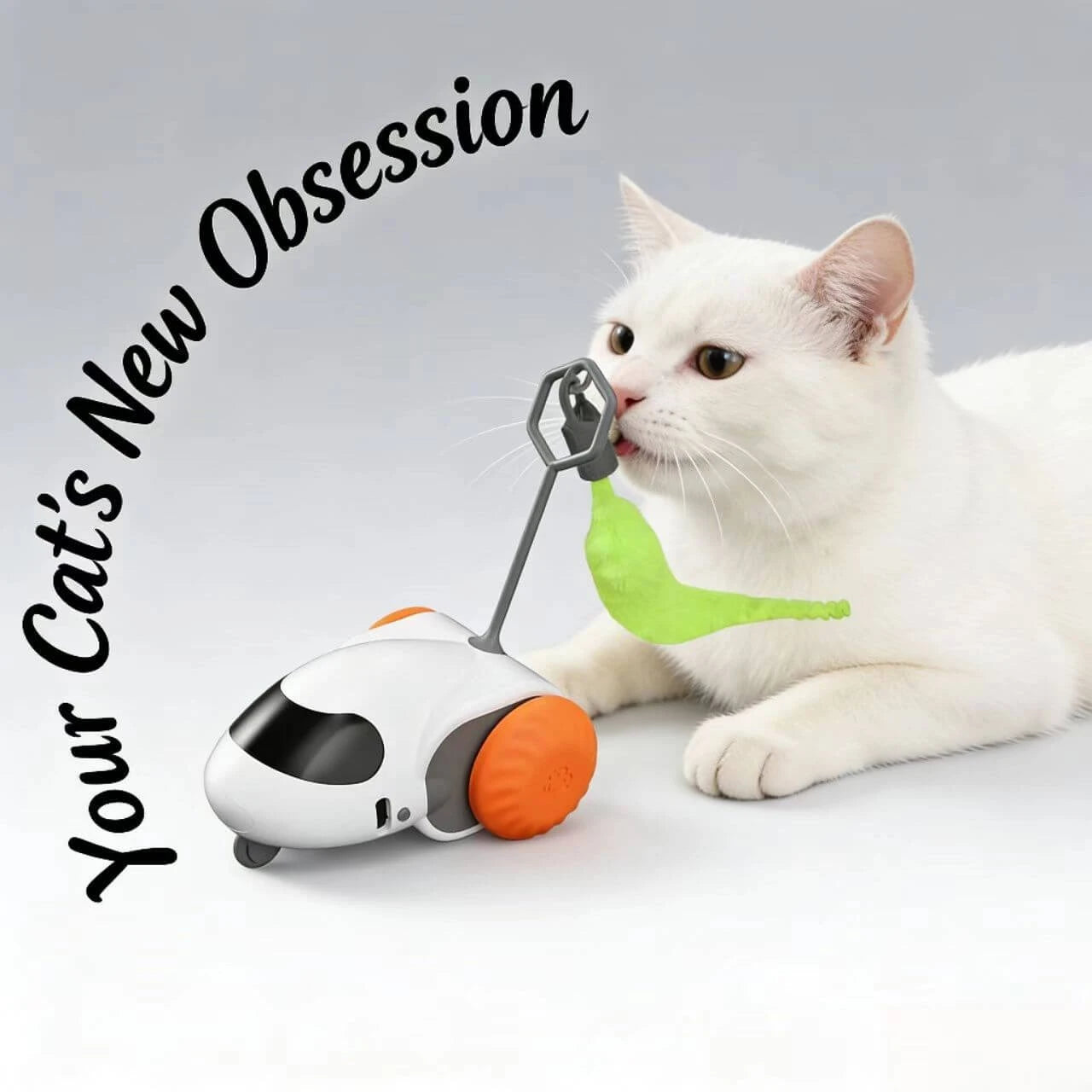 Robot Cat Teaser Toy - Auto-Rotating Feather, Interactive Play, White & Orange