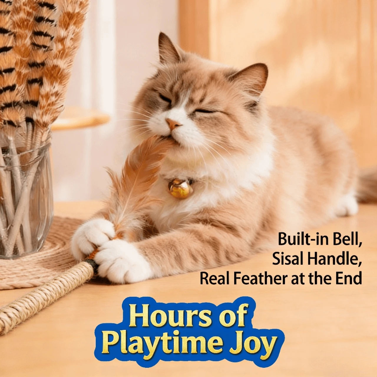 Interactive Cat Teaser Wand - Real Feather, Built-in Bell, Sisal Handle, Brown