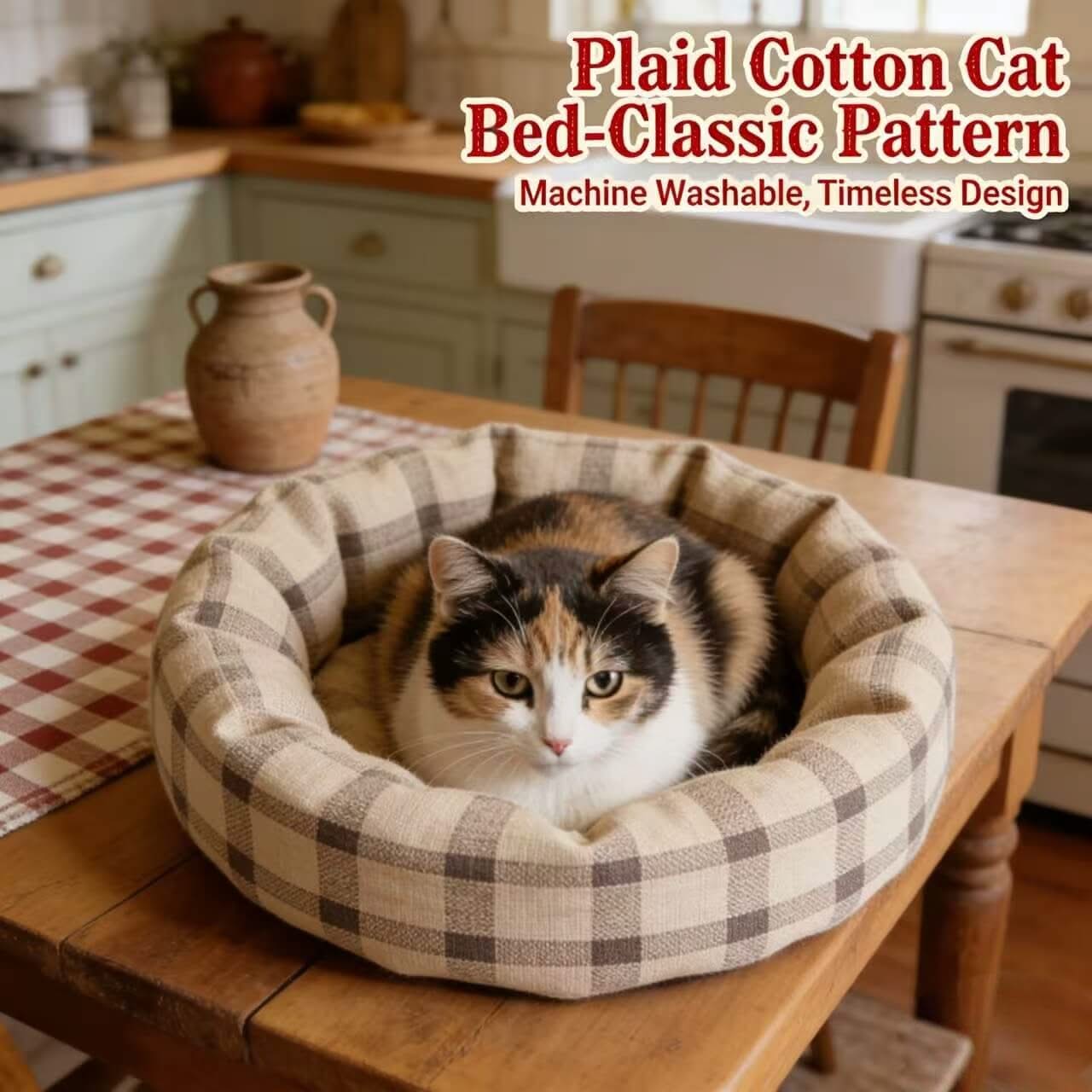 Plaid Pet Bed for Cats - Beige-Gray, Round, Soft Fabric, Cozy Cushion, All-Season