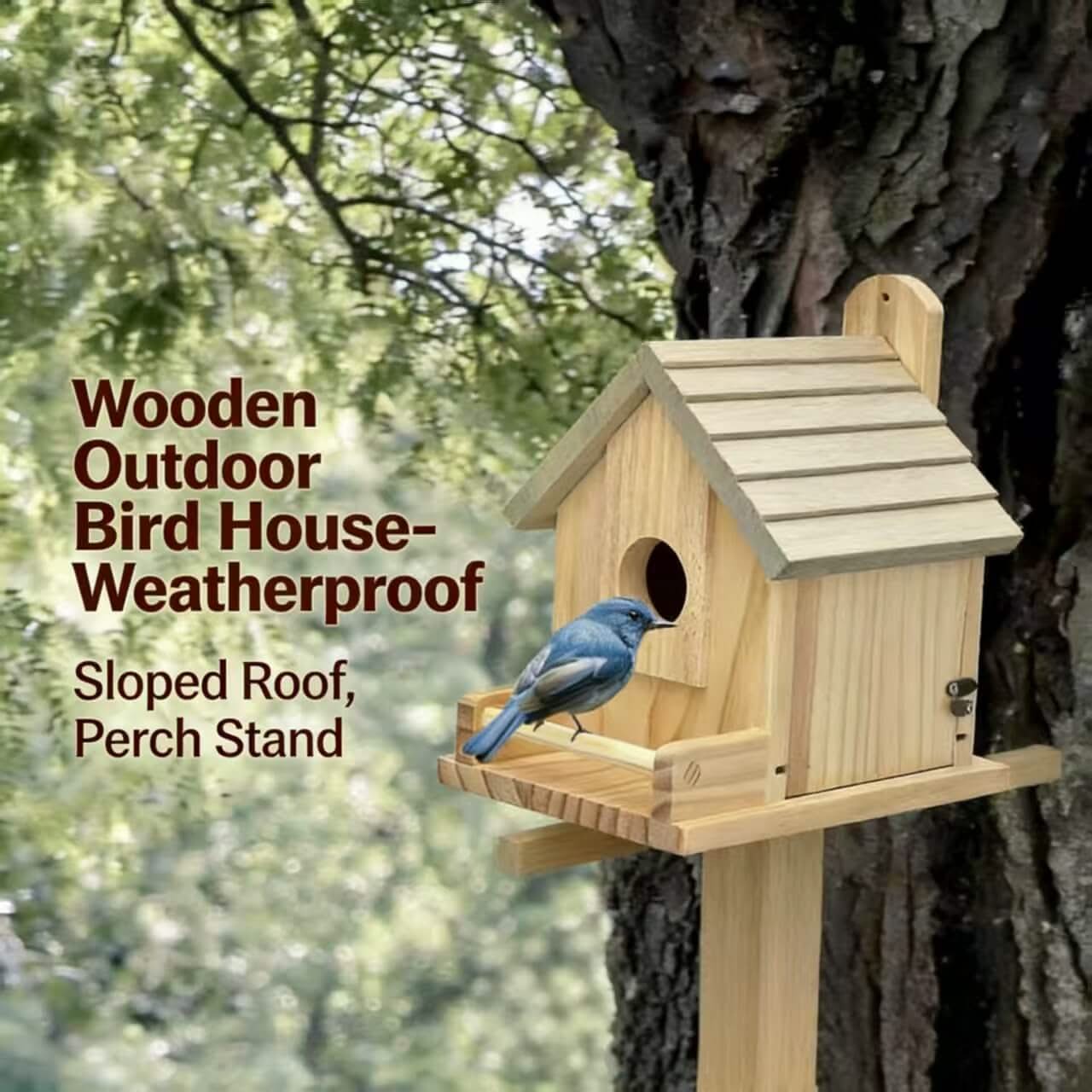 Weatherproof Wooden Outdoor Bird House: Sloped Roof, Perch Stand for Small Birds