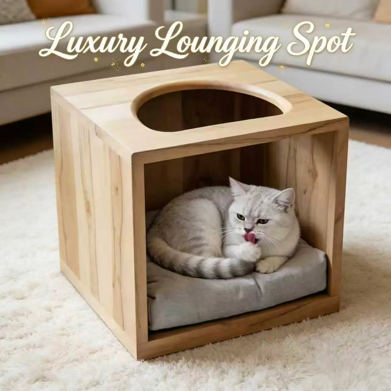 Minimalist Wooden Cat Cube Bed: Multi-Functional Furniture with Cushion for Modern Homes & Cats