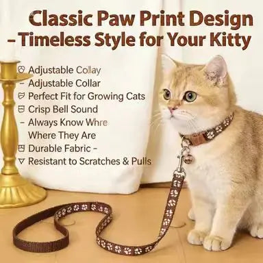 Adjustable Cat Collar & Leash Set: Bell Accent, Paw Print Design