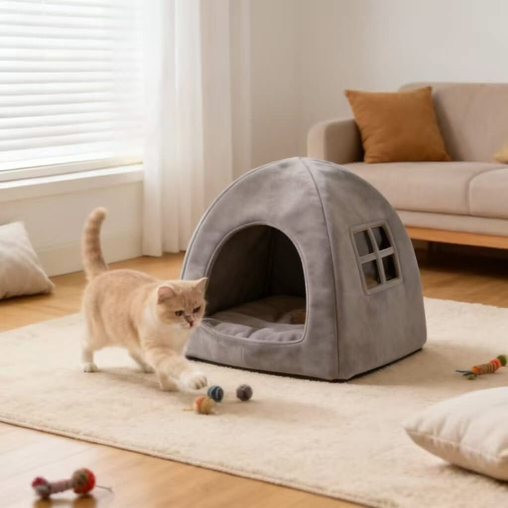 Cozy Pet Cave Bed for Cats - Gray, Tent Design, Window Decor, Soft Plush
