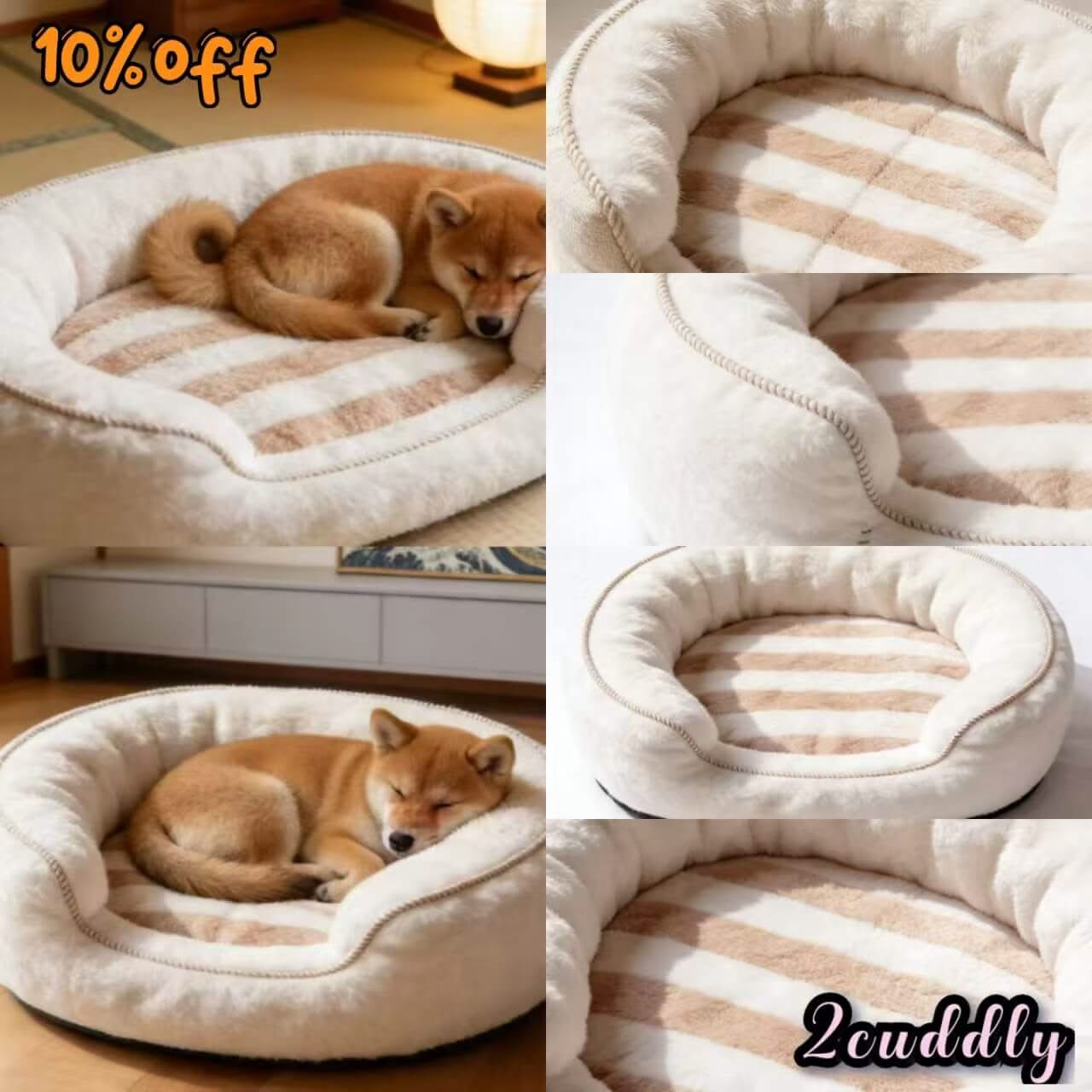 Bright & Airy Pet Bed for Dogs - White-Beige, Striped Lining, Contrast Design, Warm Interior