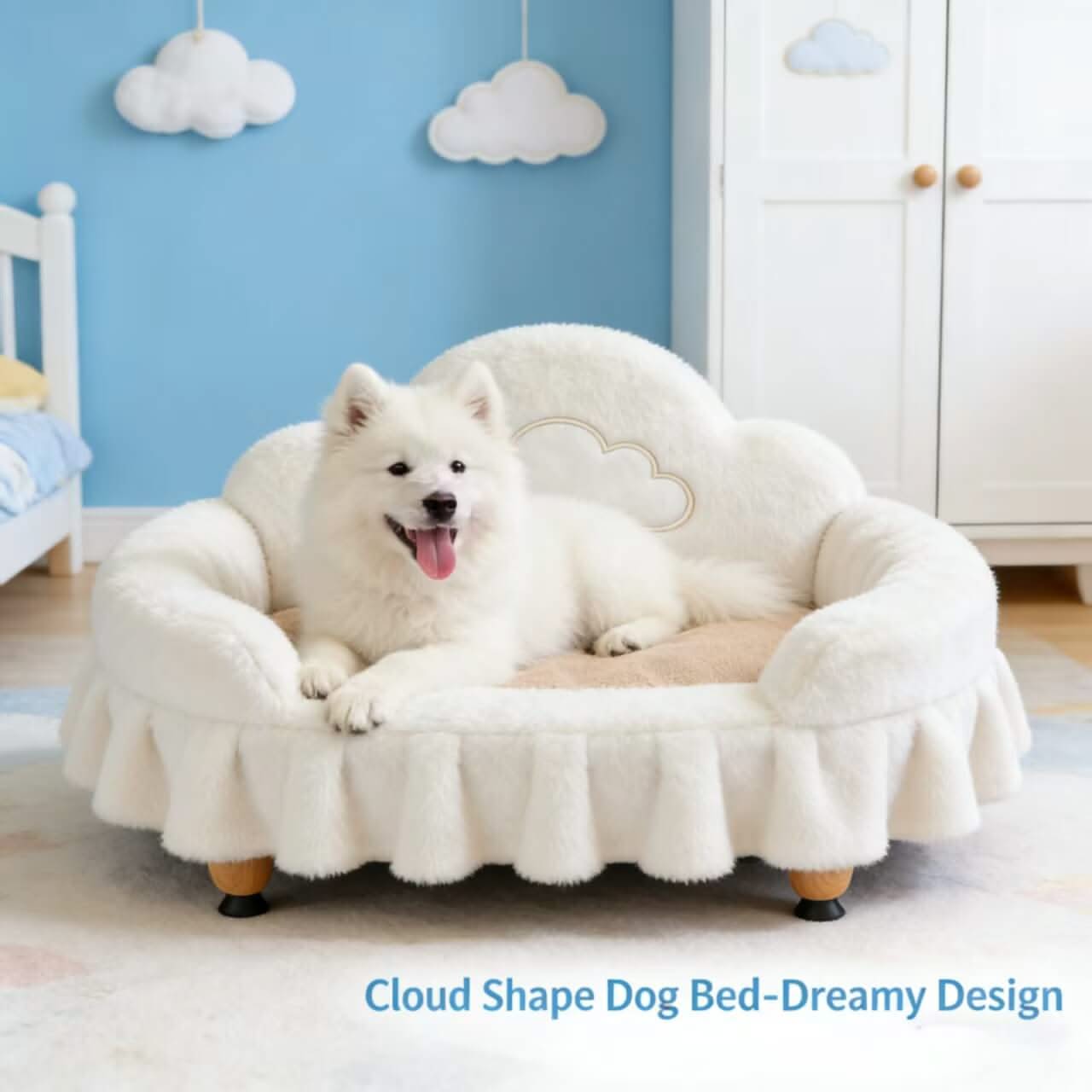 Dreamy Cloud-Shape Pet Bed for Dogs - White Fluffy Ruffled, Cloud Detail, Wood-Like Legs