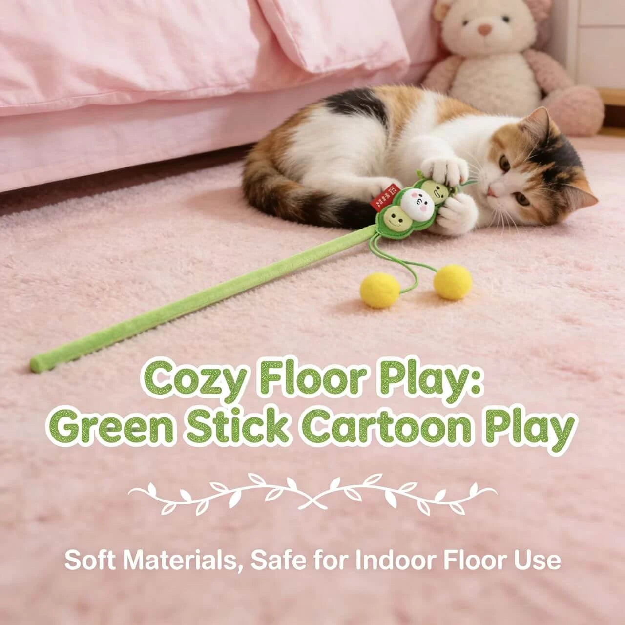 Cute Pea Pod Cat Teaser - Soft Pom-Pom Tassels, Bell, Green Fabric Wand