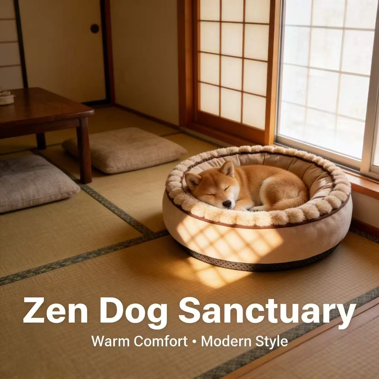 Zen-Style Pet Bed for Dogs - Beige, Round, Furry Trim, Cozy Cushion
