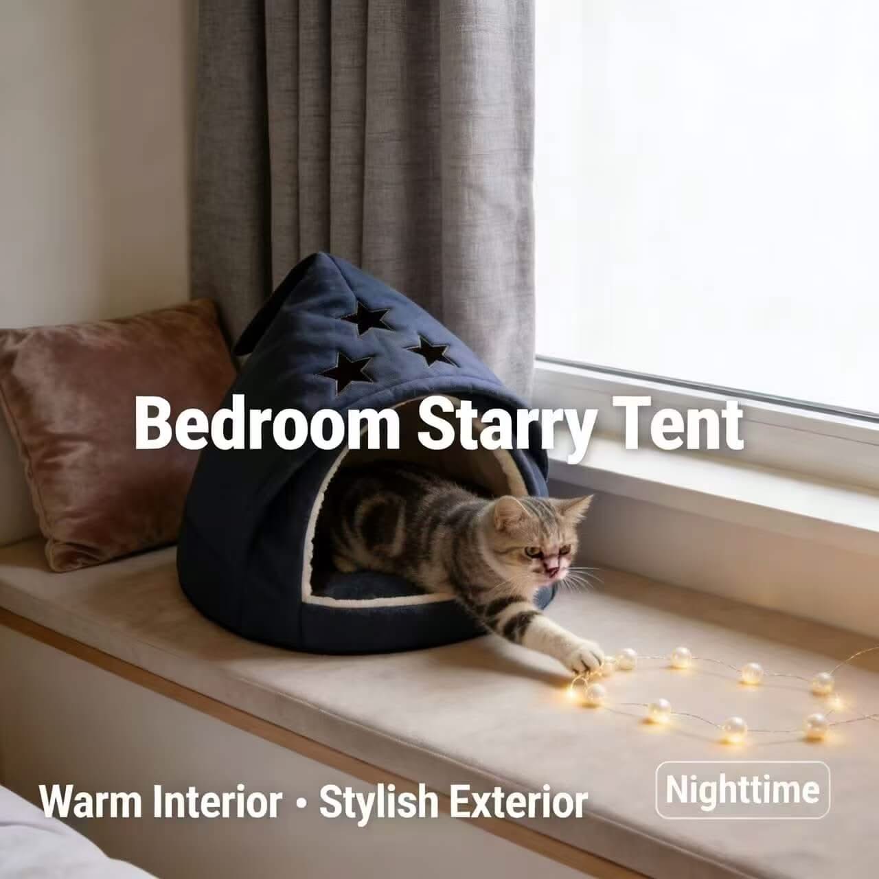 Cozy Star-Patterned Pet Cave Bed for Cats - Plush, Navy Blue, Hiding Spot, All-Season