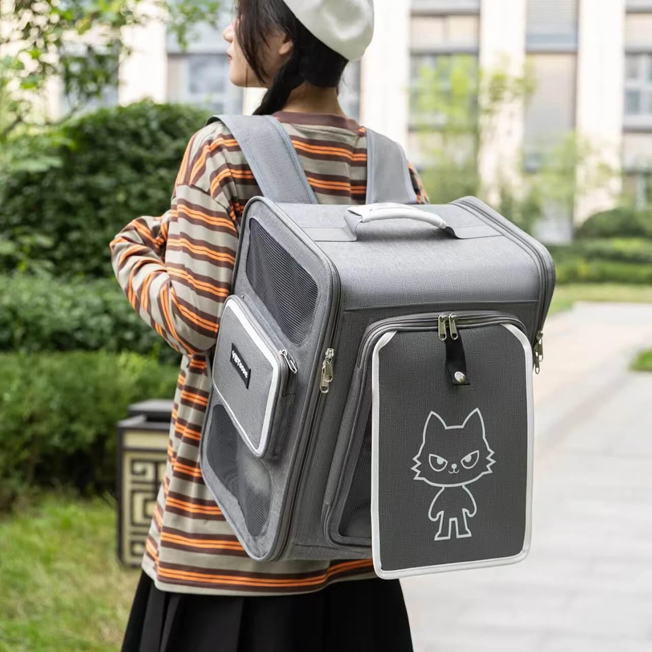 Expandable Pet Carrier Backpack - Ventilated Mesh, Cat Print, Gray