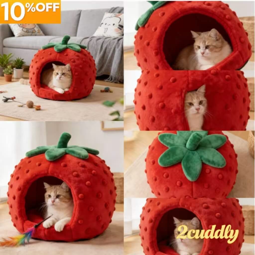Strawberry-Shaped Pet Cave Bed for Cats - Red-Green, Plush, Cute Dot Decor