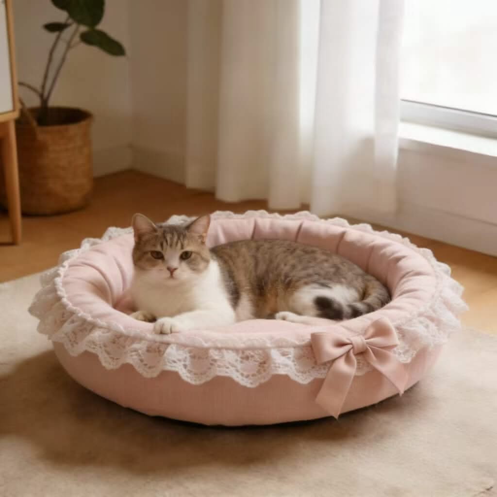 Elegant Lace Pet Bed for Cats - Pink, Bow Decor, Round, Soft Cushion, All-Season