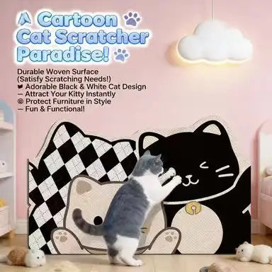 Cartoon Cat Wall-Mounted Cat Scratcher: Cute Design, Durable Surface, Black-White Pattern
