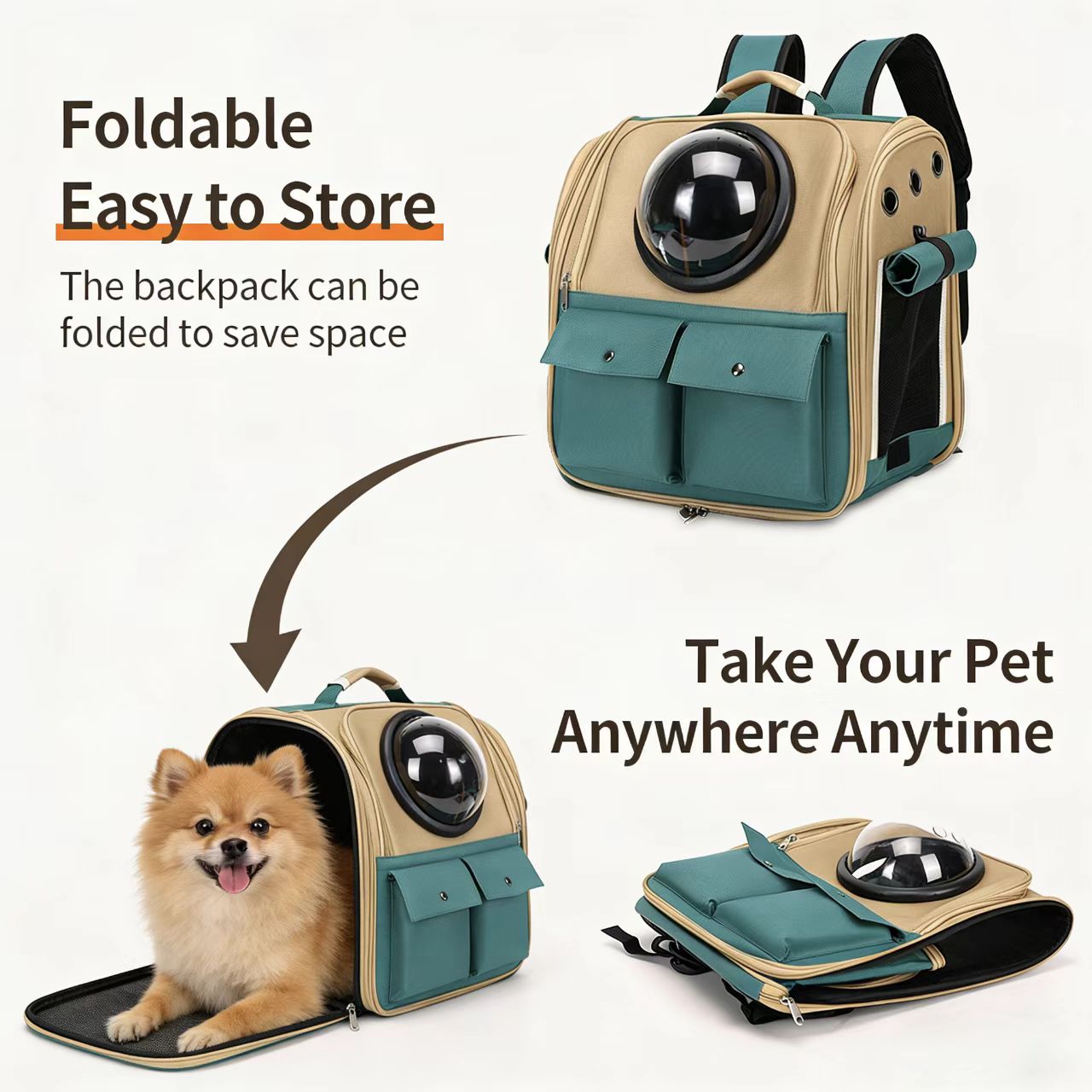 Travel Pet Backpack Carrier - Airy Mesh, Dual Pocket, Khaki & Green