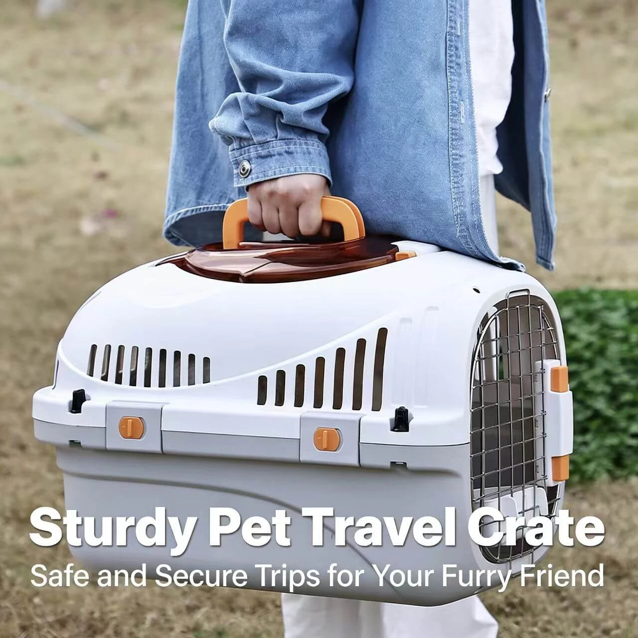 Secure Cat & Dog Carrier Crate - Metal Door, Leak-Proof, Gray