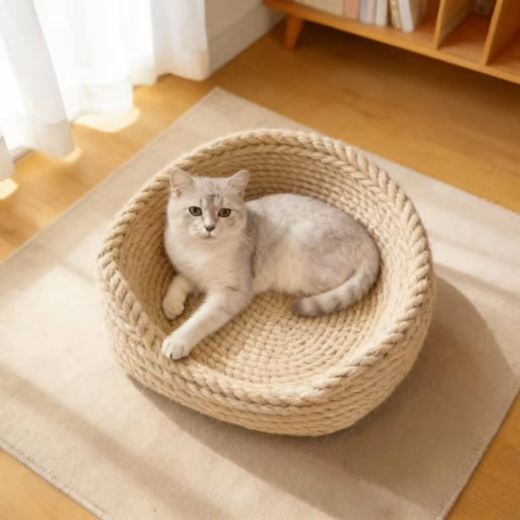 Durable Natural Pet Bed for Cats/Dogs - Beige, Braided Rope Design