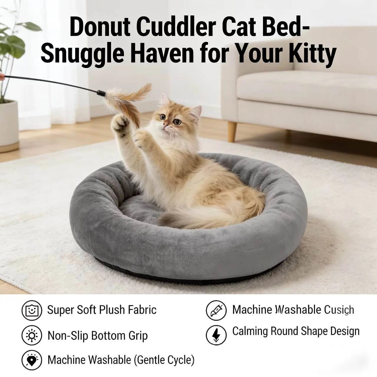 Soft Calming Pet Bed for Cats - Donut Design, Plush Material, Grey Round Nest