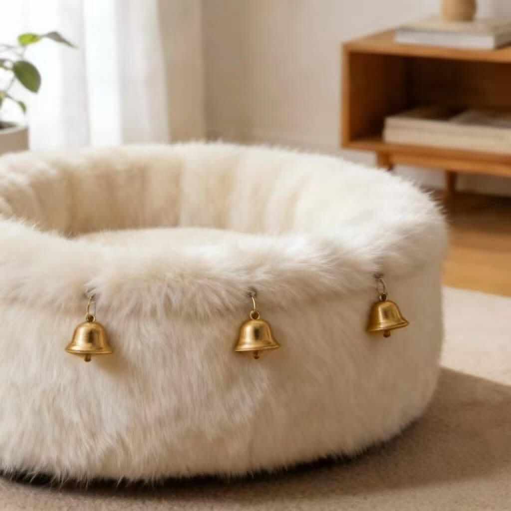 Furry Pet Bed for Cats - White, Round, Gold Bell Decor, Soft Plush