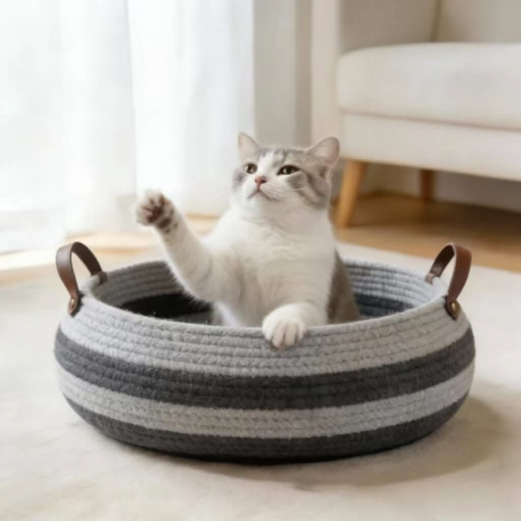 Striped Knit Pet Bed for Cats - Gray, Round, Leather Handle, Durable Fabric