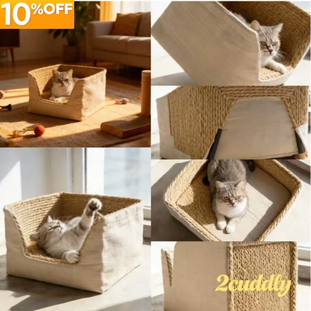 Natural Weave Pet Bed for Cats - Beige, Wicker-Linen, Breathable, Cozy Cushion, All-Season