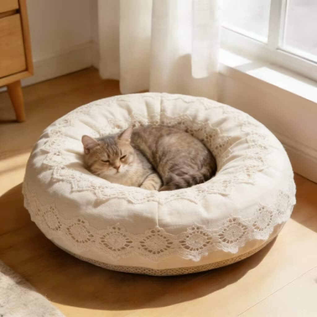 Elegant Lace Pet Bed for Cats - Round, Plush, Cream, Cozy Cushion, All-Season