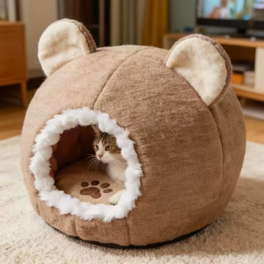 Adorable Bear-Ear Pet Cave Bed for Cats- Paw-Print, Plush, Brown, Cozy Hiding Spot, All-Season