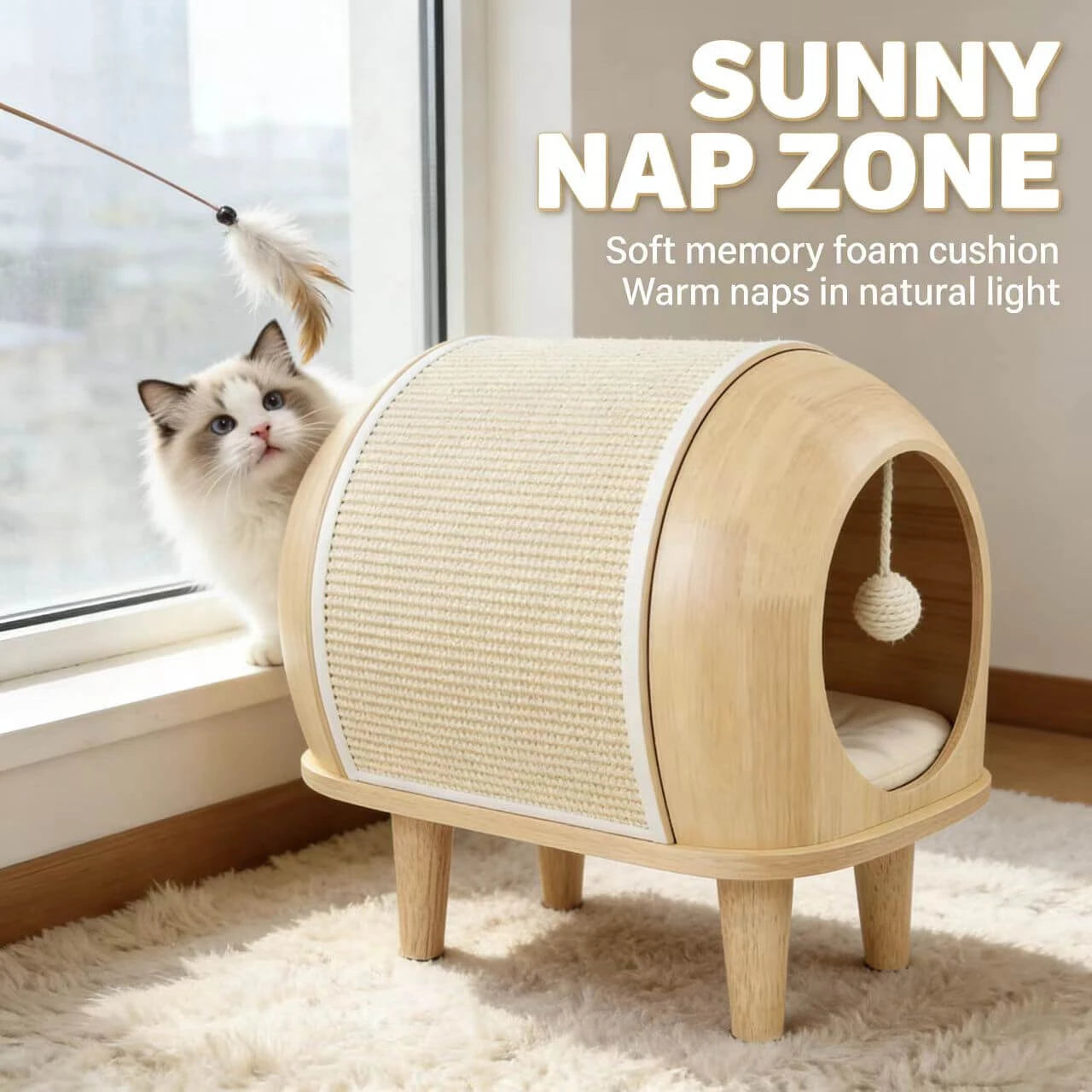 Modern Cat Cave with Sisal Scratcher - Elevated Legs, Interactive Toy, Premium Pet Furniture