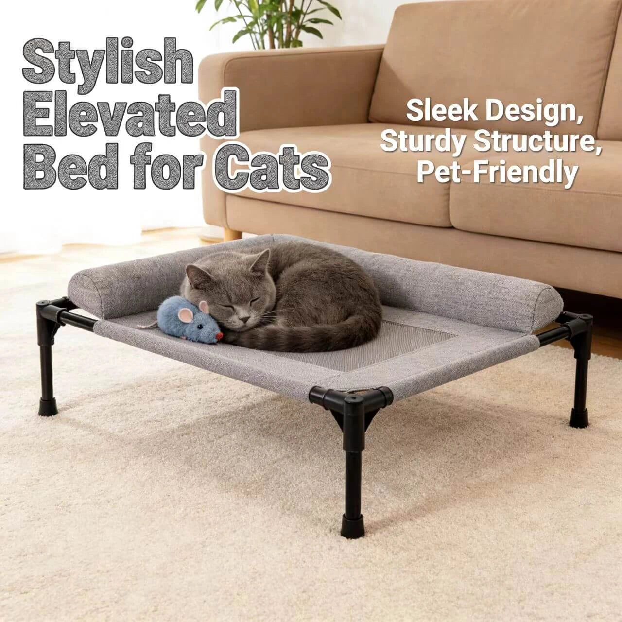 Breathable Pet Cot for Cats - Steel Legs, Mesh Linen, Blue Raised Rest Bed