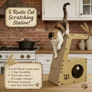 Paw-Design Cat Scratcher: Hideaway, Interactive Toy, Wooden Structure (Natural Beige)