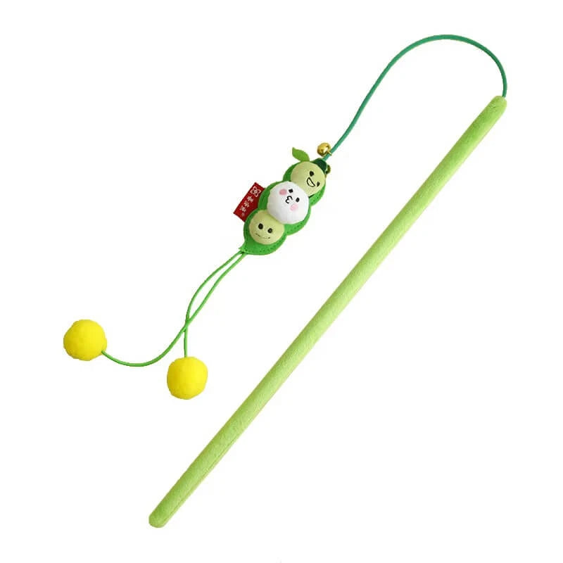 Cute Pea Pod Cat Teaser - Soft Pom-Pom Tassels, Bell, Green Fabric Wand